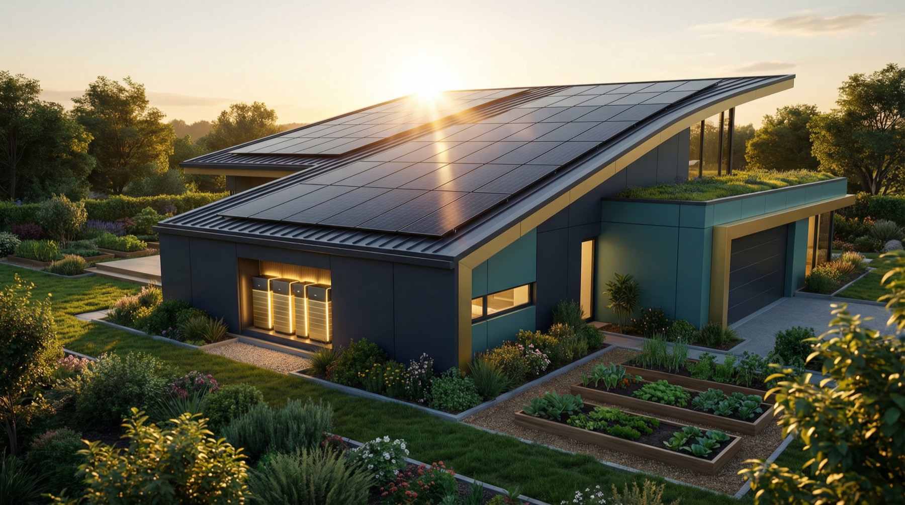 Modern solar-powered home at sunset